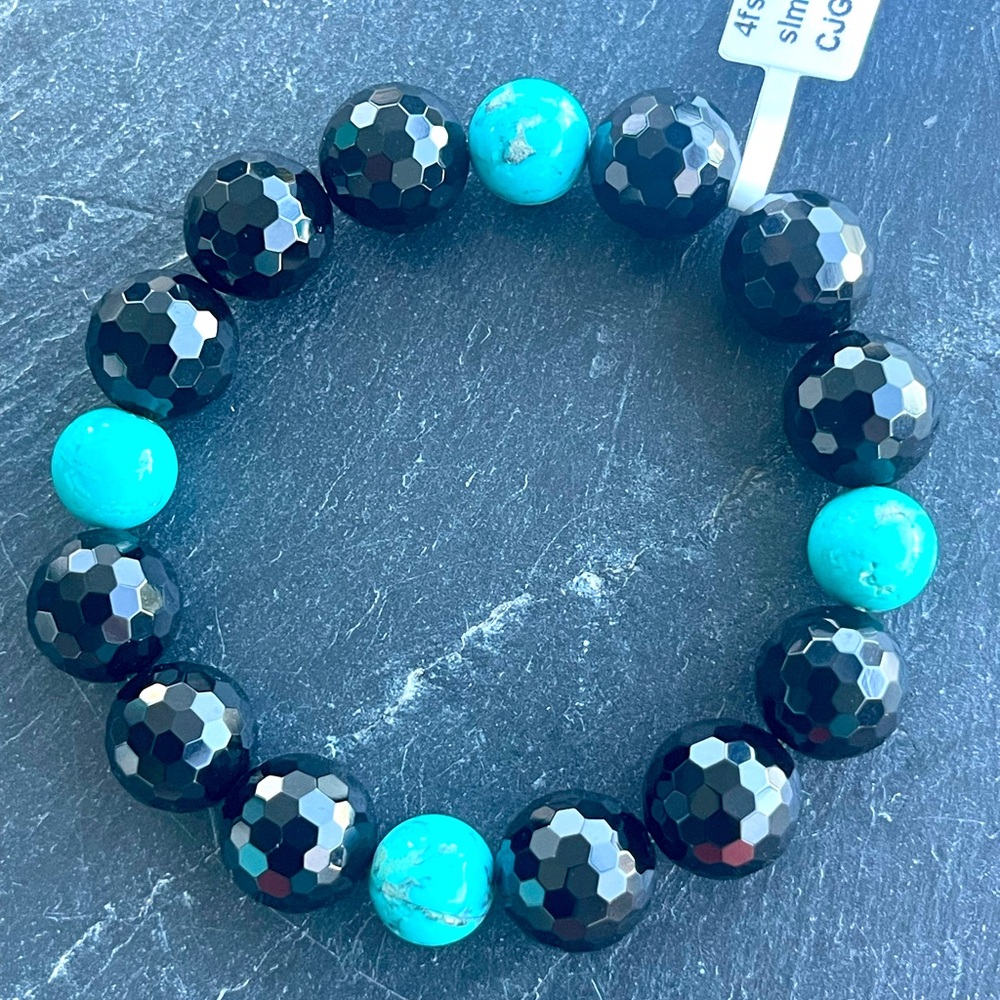 Faceted Black Onyx and Turquoise Beaded Bracelet 7-7.5”